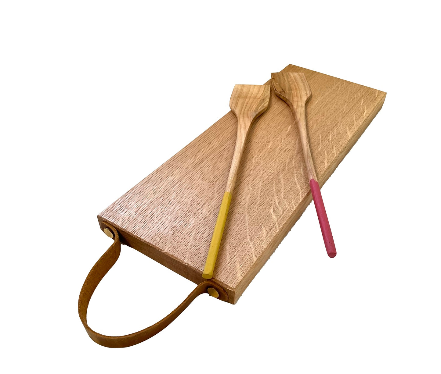 Long oak chopping / tapas board with leather strap.