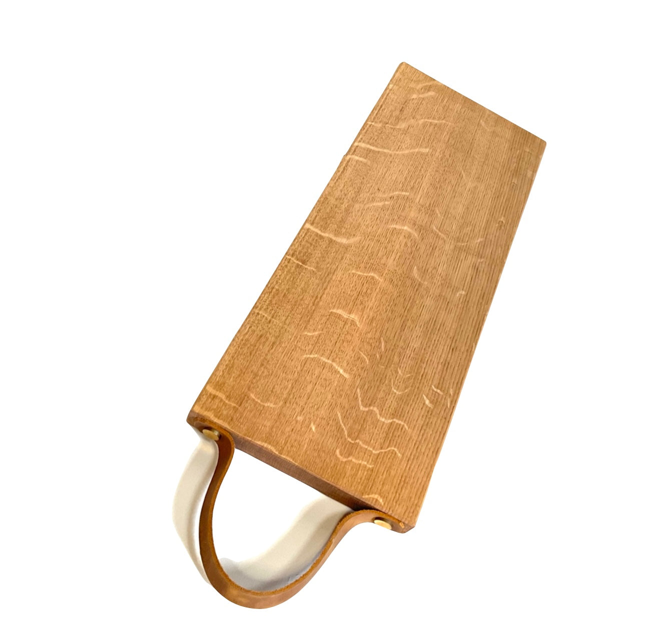 Long oak chopping / tapas board with leather strap.