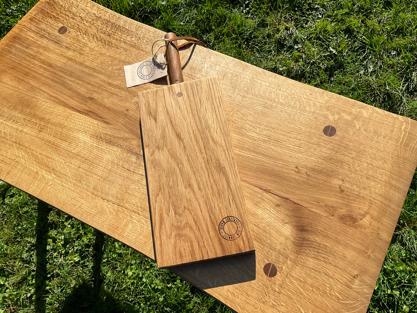 English oak serving board with walnut handle